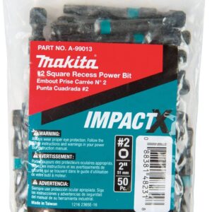Makita A-99013 Impactx #2 Square Recess 2″ Power Bit, 50 Pack